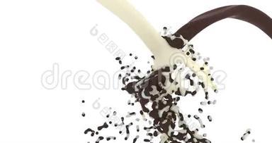 两个真实的液体巧克力和牛奶喷射<strong>碰撞</strong>混合，并产生<strong>飞溅</strong>的白色背景。 牛奶巧克力